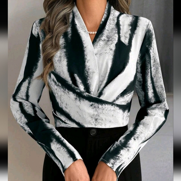 Women Casual Elegant Contrast Color V-Neck Long Sleeve Shirt, Autumn - Picture 4 of 4